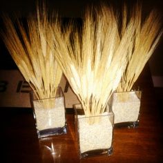 two square vases with dried grass in them on a wooden table, one filled with water and the other empty