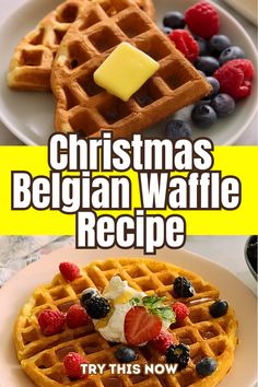 christmas belgium waffle recipe with berries and butter on top, served in white plates