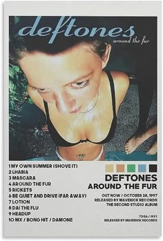 an advert for deftones and the fur featuring a woman in black bra top