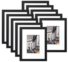 four black and white frames with an old building in the background, set of five