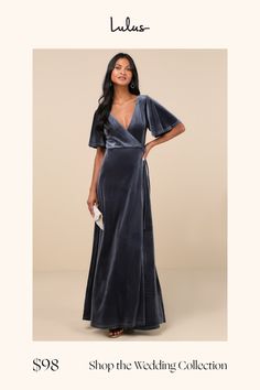 Establish that your sense of style is sensational by arriving on the scene in the Lulus Defining Elegance Slate Blue Velour Short Sleeve Wrap Maxi Dress! Ultra-soft and plush velvet velour shapes this stunning dress that features a princess-seamed bodice with a surplice neckline and a V-cut back, framed by fluttery short sleeves. A slender tie threads the waist and secures at the side to create an adjustable fit, atop a flowy, A-line skirt with an overlapping design and a sweeping maxi hem. Fit: Slate Blue Maxi Dress, Lulus Slate Blue, Blue Grey Velvet Dress, Navy Velvet Dress Lulus, Blue Velvet Wrap Dress, Overlapping Design, Velour Shorts, Velvet Wrap Dress, Wrap Maxi Dress