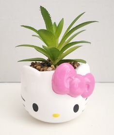 a hello kitty planter with a pink bow on it's head is shown