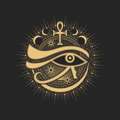 an all seeing eye surrounded by stars and crescents on a black background with gold lettering