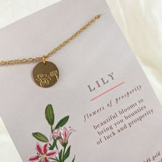 Lily, flower of prosperity. This beautiful 14k gold dipped necklace is perfect as a birthday present! 16-18in adjustable Lily Necklace Flower, Lily Flower Necklace, Lilium Flower, Lily Bracelet, Lily Necklace, A Birthday Present, Everyday Hacks, Gold Dipped, Luxe Gifts