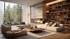 a living room filled with furniture and a fire place in the middle of it's wall