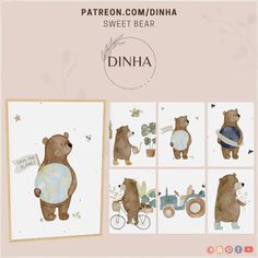 the bear is standing in front of several pictures and holding a sign that says, sweet bear dinha