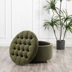 a green chair sitting on top of a wooden floor next to a potted plant