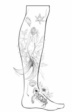 a drawing of a woman's leg with fish and starfish on it