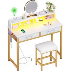 a desk with a mirror, stool and other items on top of it in front of a white background