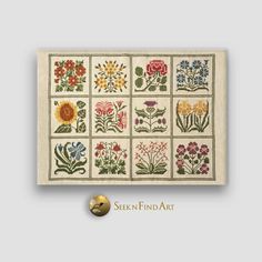 a cross stitch pattern with flowers on it and a button that says seek find art