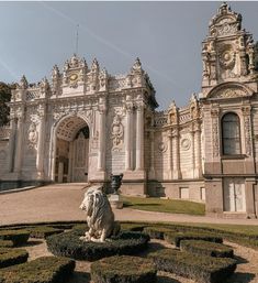 an ornate building with a lion statue in the middle of it's front yard