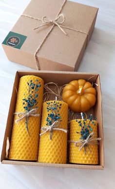 four beeswax candles in a box tied with twine