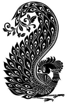 a black and white drawing of a peacock