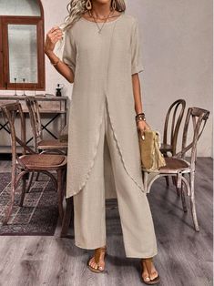 Buy Inexpensive Two-Piece Sets at Zolucky online store, SPU: 294OTW5E1521, Color: Khaki, Waistlines:Natural, Neckline:Crew Neck. High Low Top Outfit, 2 Piece Outfit Set Summer, Two Piece Outfits Pants Classy, Two Piece Outfits Pants, Top With Pants, Stylish Outfits For Women Over 50, Sets Summer, Kurti Designs Latest, Pant Suits