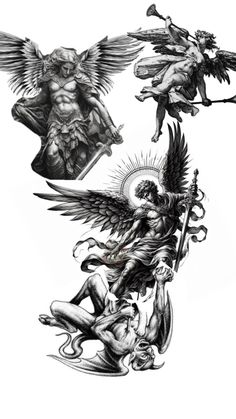 three different images of angels and demons with one demon on the other side, in black and white