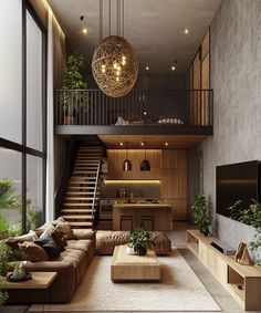 a living room filled with lots of furniture and a tv mounted on top of a wall