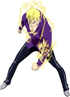 an anime character with yellow hair and blue eyes, holding his arms out in the air