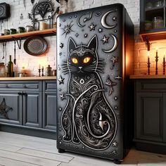 a black refrigerator with an image of a cat on it