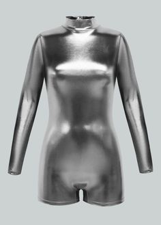 Step into the spotlight with this sleek, figure-hugging metallic romper. Designed with a high-neck and long sleeves, this shiny bodysuit radiates confidence and style. The glossy finish adds an extra edge, perfect for creating bold, standout looks for parties, performances, or cosplay. Shiny metallic Long Sleeve YKK Zipper Back 90% Nylon / 10% Spandex Imported Shiny Bodysuit, Romper Men, Long Romper, Ykk Zipper, Long Sleeve Romper, Rompers Women, Leotards, Mock Neck, Leather Men