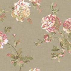 a floral wallpaper with pink and yellow flowers on a brown background, including roses