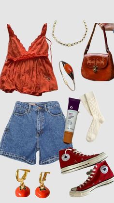 an assortment of clothing and accessories including shoes, handbag, purse, bracelets