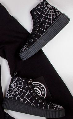 SNEEKER-250 Black High Top Creeper-Demonia-Tragic Beautiful Spider Web Embroidery, Web Embroidery, Comfy Shoe, Goth Shoes, Pretty Shoes Sneakers, Custom Converse, Skate Shoe, Black High Tops, Comfy Shoes