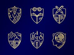 six shields with different symbols in gold on a dark blue background, set of four