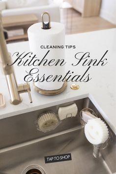 a kitchen sink with the words cleaning tips and essentials on it in black lettering