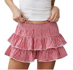 PRICES MAY VARY. Material: Polyester blend. Y2k plaid pleated mini skirt, super soft, skin friendly, breathable, lightweight, breathable and comfortable to wear. Ruffle gingham skirt, vintage micro skirts streetwear. Feature: Gingham Aline short skirt, layered ruffle hem mini skirt, shirred elastic waist, midi rise, lace trim plated plaid skirt, cute cake skirt, plaid skort skirts, summer tiered short skirt, plaid print mini skirt going out. Style: Y2k plaid gingham skirt, smocked ruffle mini sk Aesthetic Plaid, Beach Skirts, Skirts Y2k, Flowy Mini Skirt, Skirt Streetwear, Gingham Skirt, Y2k Boho, Ruffle Mini Skirt, Holiday Vibes