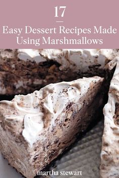 a cake with white frosting on it and the words 17 easy dessert recipes made using marshmallows