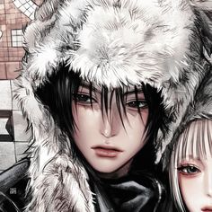 two anime characters with fur hats on their heads and one is looking at the camera