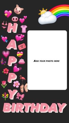 a happy birthday card with hearts, flowers and rainbows in the background on a black background