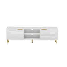 a white tv stand with gold legs