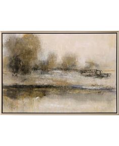 an abstract painting with white and brown colors on the wall above it is a boat in the water