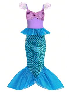 Azul Fiesta Collar sin mangas Tela Estampado de Escamas,Flamenco Ajustado Embellished Elástico Alto Todo Mermaid Kids, Fabric Fish, Princess Dress Up, Mermaid Princess, Blue Party, فستان سهرة, Fish Scales, Prom Dresses Blue, Princess Party