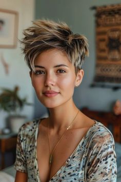 Woman with short, stylish hair and patterned top, sitting in a room with art on the walls.