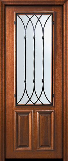 a wooden door with glass and wrought iron