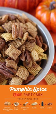 the pumpkin spice chex party mix is in a bowl on an orange tablecloth