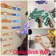 several pictures of children making stickers on the wall and using them to make name tags