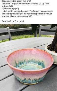 a bowl sitting on top of a wooden table next to a potted plant