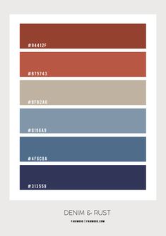 the color scheme for denim and rust is shown in shades of blue, red, brown,