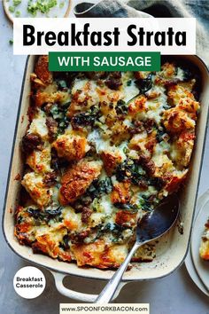 This breakfast sausage strata is a rich and satisfying casserole that feeds a crowd! Prepare it the night before for a stress-free morning meal. Perfect for holidays or brunch gatherings. Get the recipe on our site!