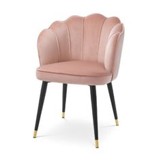 an upholstered pink chair with black legs and a gold accent on the back