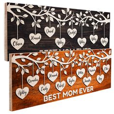 the best mom ever family tree is hanging on a wooden plaque with hearts and leaves