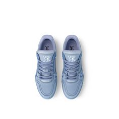 LOUIS VUITTON® - Lv Trainer Sneaker - Blue Lv Trainers, Lv Trainer Sneaker, Louis Vuitton Gifts, Vintage Basketball, Spring Sandals, Trunk Bag, Leather Denim, Buckle Shoes, Monogram Bag