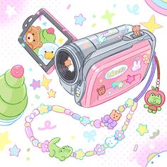 a digital camera with teddy bears and other items around it on a white background,