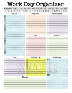 the work day organizer is shown in this printable