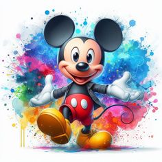 a mickey mouse cartoon character with paint splatters in the background