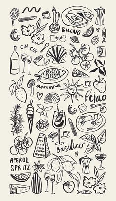 an image of food and drinks drawn in black ink on a white paper with the words,