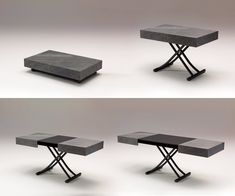 three different views of a table made out of concrete blocks and metal legs, each with a square shaped top